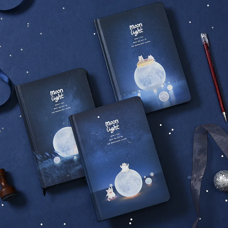 Creative Luminous Cat Moon Pattern Hardcover Black Inner Paper Journal Notebook