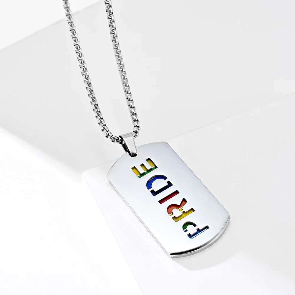 Wholesale Custom Metal Lesbian Flag Pendant Colorful Enamel Lgbtq Lgbt Gay Pride rainbow Dog Tag Necklace with logo for Peolple