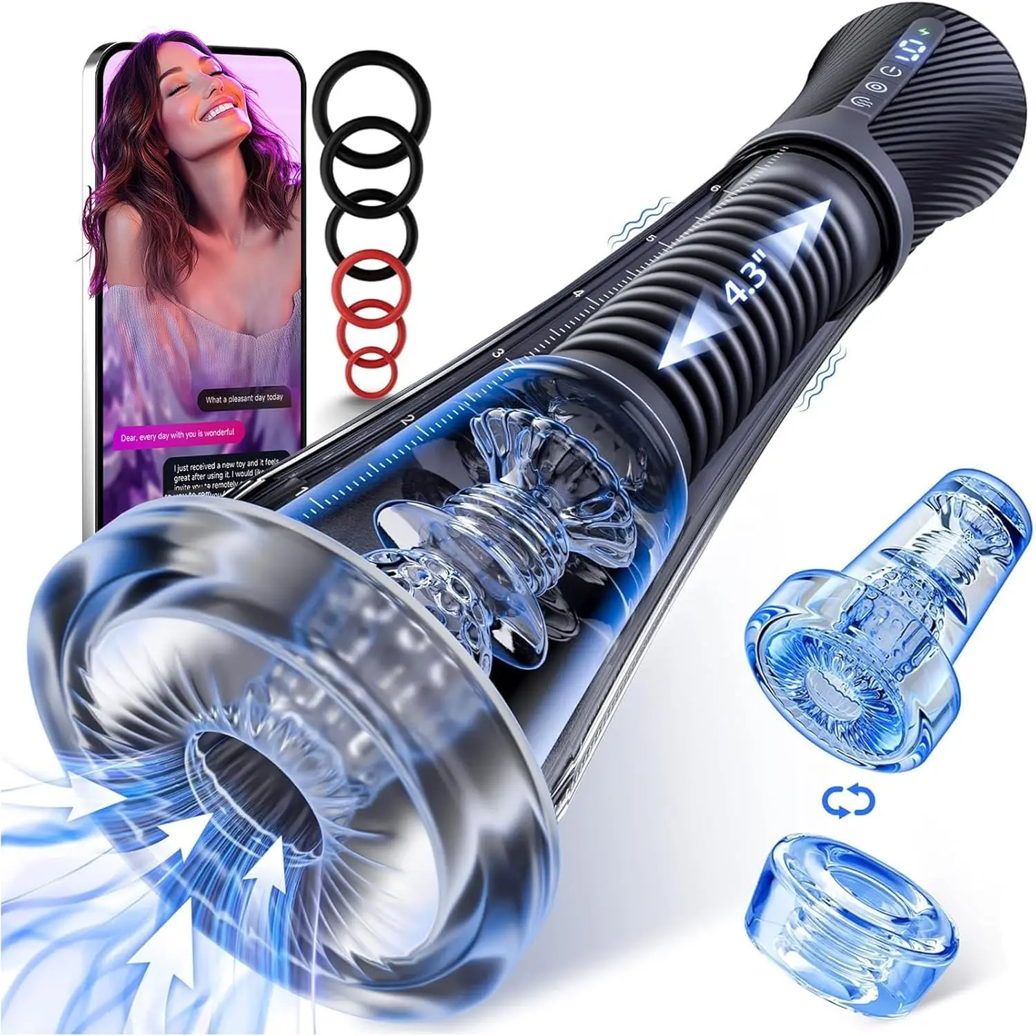 APP Control Vibrating Spring Power Suction with 2 Replaceable Sleeves 6  Penis Rings for Men Glans Trainer Masturbator Penis Pump