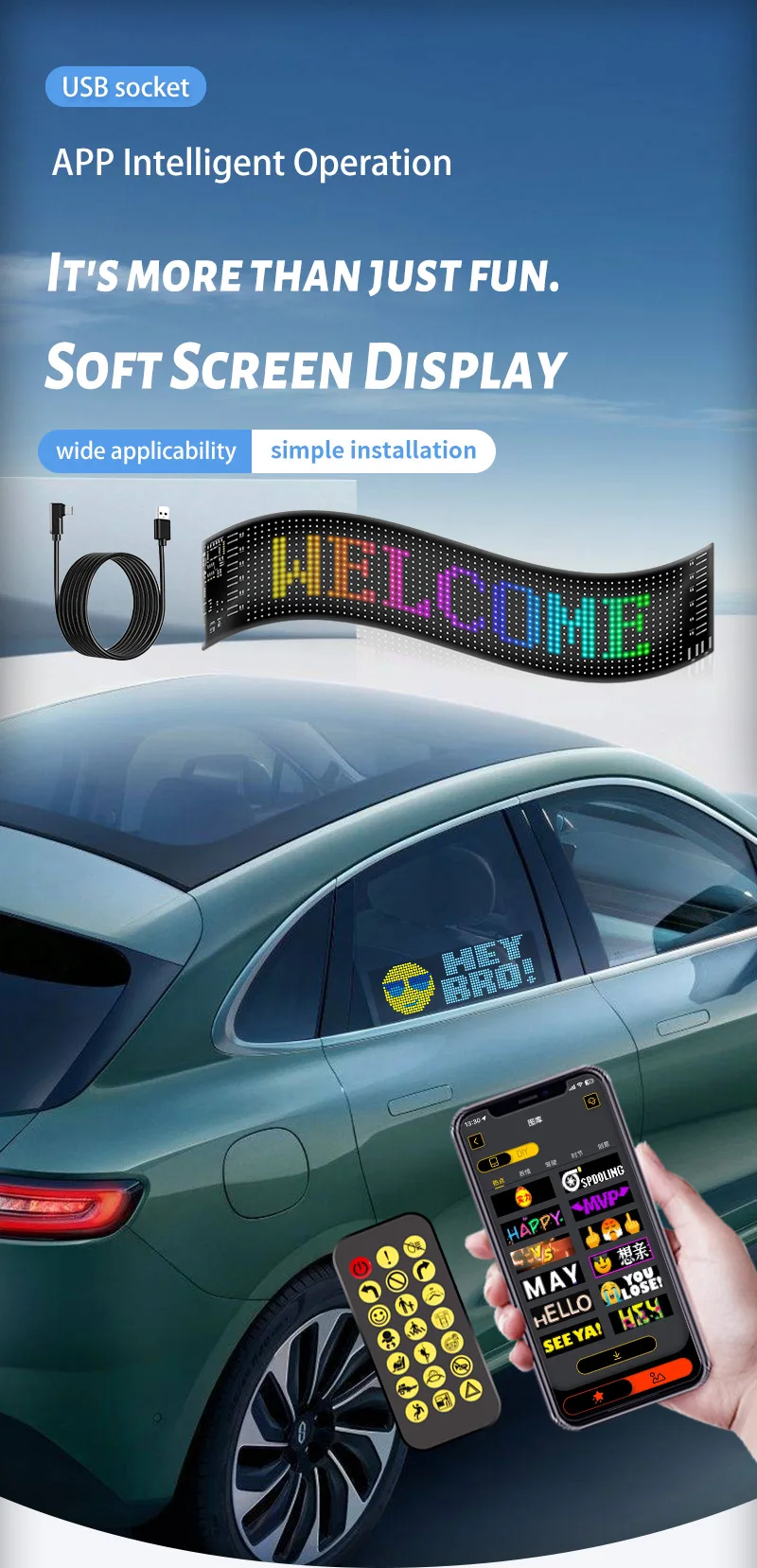 Hot Sale Flexible Car Window LED Digital Display Screen Multi-function Programmable Advertising Decorative Board Matrix Panel