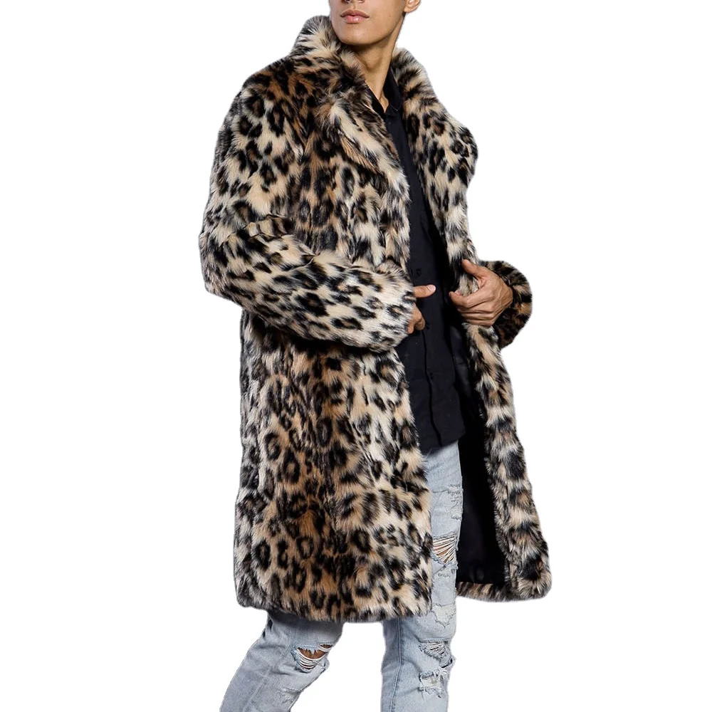 high quality winter clothes mens leopard faux fur coat men long