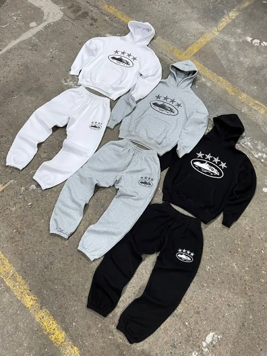Custom Two-Piece Vintage Style Men's Puff Print Sweatsuit Jogger Set Short Tracksuit with Sweatpants and Hoodie