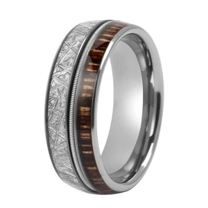 Dome Design with Meteorite & Wood Inlay Guitar String Accent Matte Finish Jewelry Band Men's Tungsten Wedding Ring