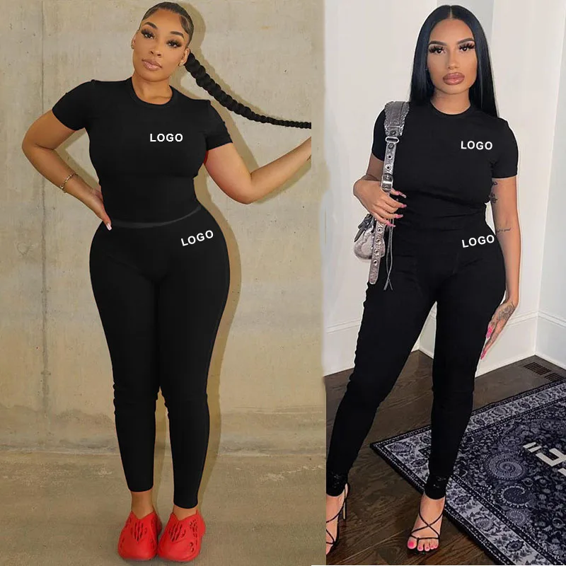 Custom Women Clothing Women's 2 Pieces Outfits Solid Ribbed Cropped T Shirt  And Sweatpants Two Piece Pants Tracksuits Set - Buy Outfits,Two Piece