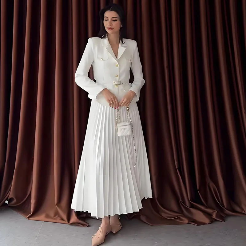 Elegant Office Dress - Long Sleeve Pleated Two-Piece Suit
