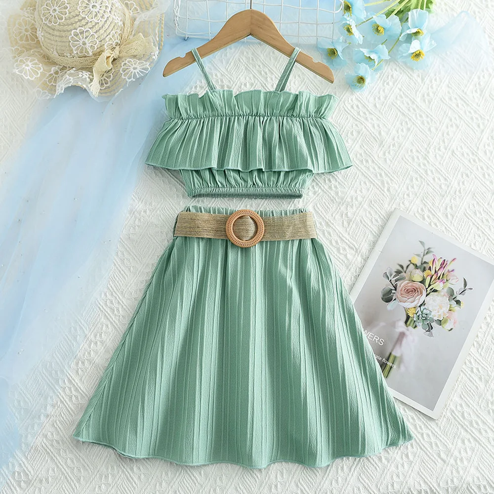 Ice Green Girls Co-ord Set – Soft Cotton Tie-Up Top & Skirt Summer Outfit main image 0