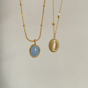 2 Designs Oval Blue Aquamarine Opal Stone Necklace 18K Gold Plated Stainless Steel Necklaces for Women Vintage Baroque Jewelry