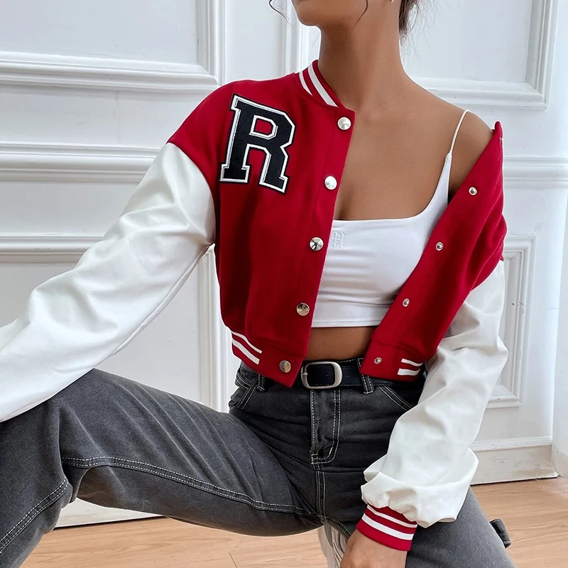 Letter Patched Striped Trim Drop Shoulder Varsity Jacket