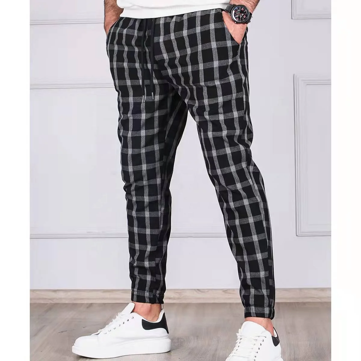 JL-12222 New Men’s Fashion Casual Fall and Winter Plaid Nine-point Trend Handsome and Elegant Long Pants