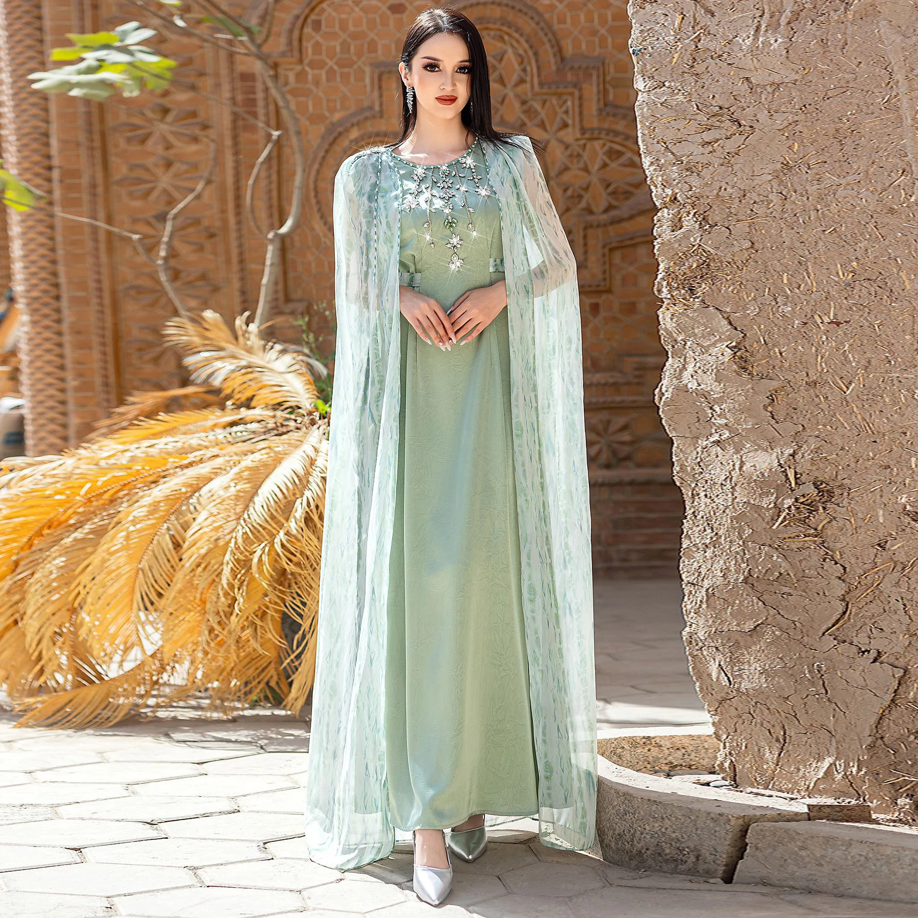 luxury turkish dresses Al Najma Women's Elegant Sequin Decorated Poncho Sleeve Turkish Maxi Dress,Arabic  Traditional Abaya Kaftan Jalabiya,Luxury Evening Wedding Party Sage Dresses