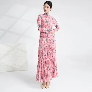 Miyake Pleated 2025 Spring and Summer New Elastic Top Long Pleated Skirt Fashion Print Woman Two-piece Set
