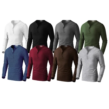 Basic Men's Henley Thermal Button-up Long Sleeve 100% Cotton Casual T ...