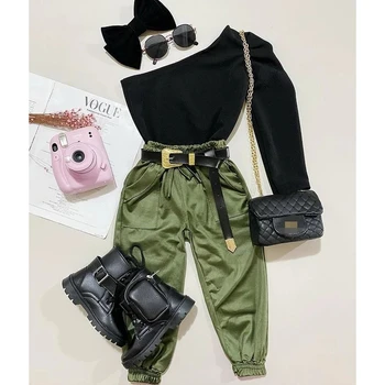 2pcs Fashion Autumn Kids Girls Clothes Sets Long Sleeve One Shoulder Solid Tops Elastic Pants Outfits 2-7Y