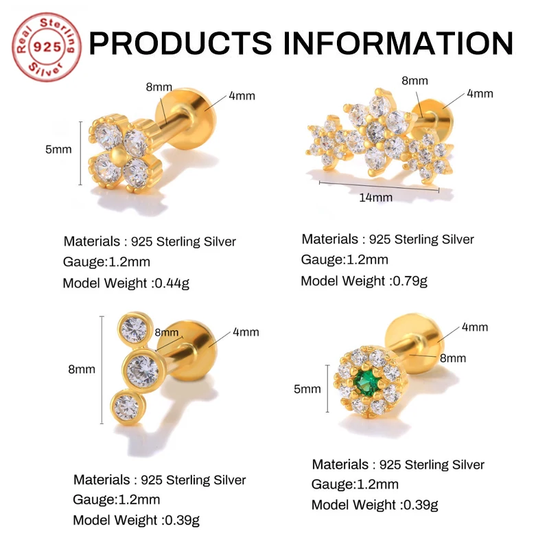 Gaby Flat Back Lip Ring Tragus Piercing Earrings 925 Sterling Silver