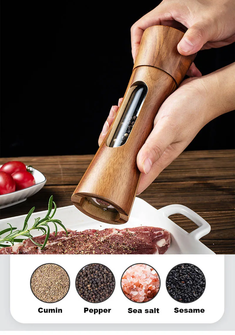 Adjustable Wooden Spice Herb Mill with Acrylic Visible Window Seasoning Grinding Manual Ceramic Salt Pepper Mills