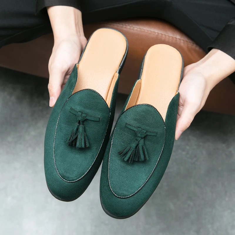 Tassels Loafers Suede Leather Green Colors Mules Fashion Design Men Half  Shoes Moccasin Slippers