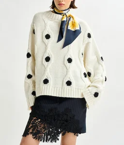Female Vintage Knitted Crew Neck Button Sweater White and Black Polka-dot  Women's Computer Knitted Sweater