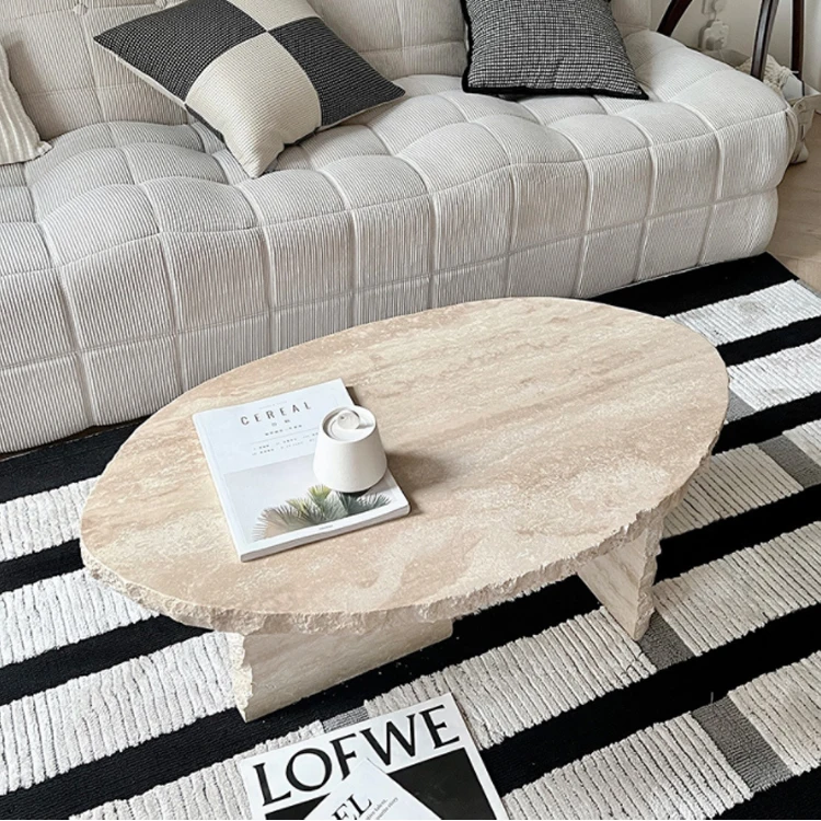 Free Shape Split Rock Edge Natural Marble Stone Round Oval Table Luxury Travertine Marble Coffee Tables