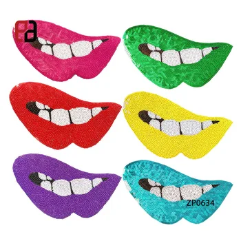 Bling Bling Sequin Pink Biting on Lip Patches Big Mouth Lip Sewing on Patch Applique