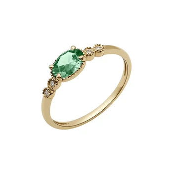 Hot Sell Engagement 14k Solid Gold Ring 14K Real Yellow Gold Natural Emerald Diamond Ring for Women