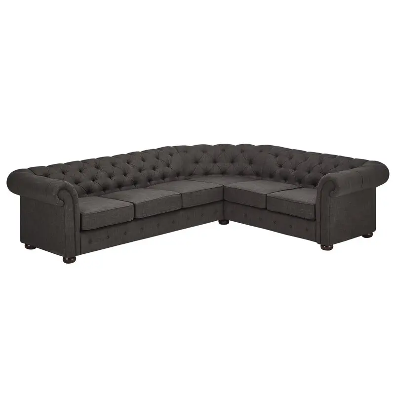 L Shape Sectional Curved Linen Tufted Settee Wood Chesterfield Sofa for Living Room Lounge Room
