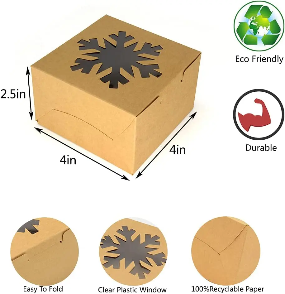 Bakery Boxes With Window Snowflake Square Kraft Boxes Bulk Brown Paper