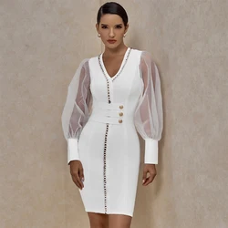 New Arrivals 2021 Spring Long Sleeve v Neck Party bandaged Dress Mesh Sexy Bodycon Midi Dress for Women