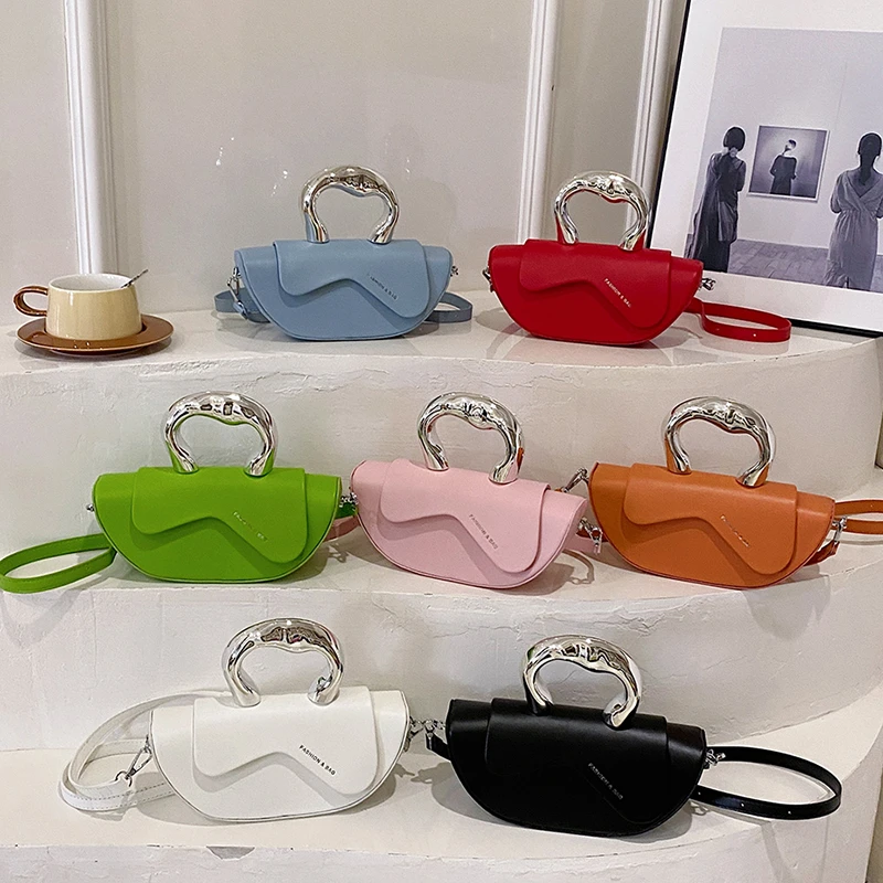 Fashionable Metal Handle Handbag Unique Irregular Design Crossbody Bags for Women Small Pu Leather Purse 2025