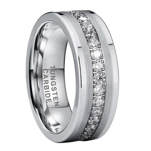 Coolstyle Jewelry 8mm Pipe Cut Cubic Zirconia Stone Inlay Tungsten Ring for Men Women Eternity Fashion Engagement Wedding Band