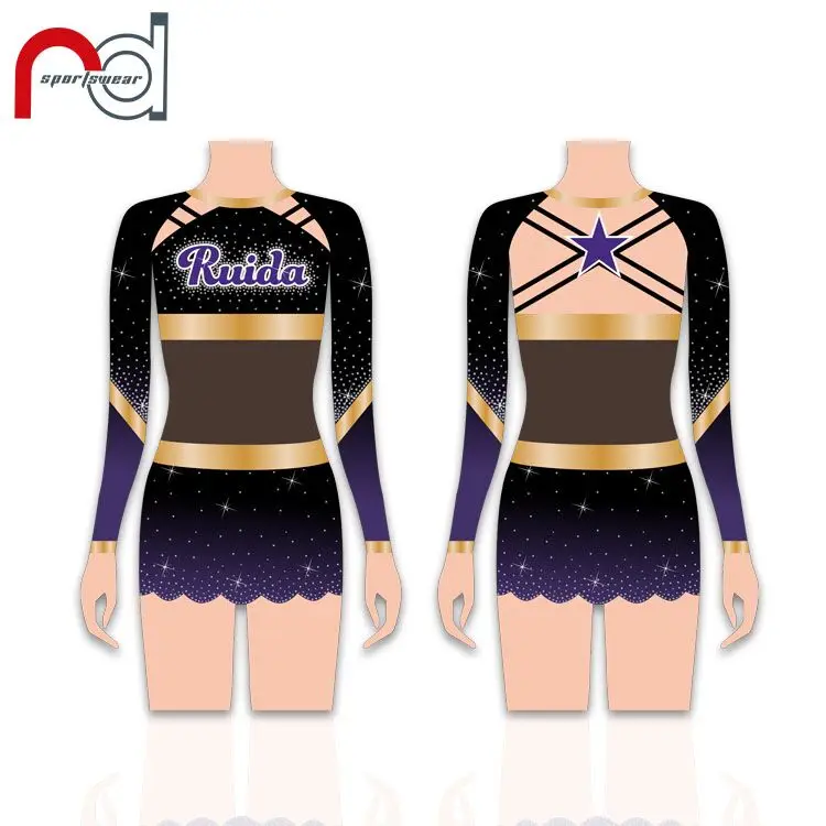Il più nuovo costume da cheerleader a maniche lunghe su misura spandex AB  strass uniformi da cheerleader