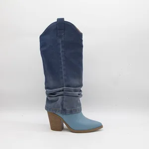 BUSY GIRL HQ1147 Custom Logo Boots Autumn/Winter Denim Pointed Toe Chunky Heel High-Heel Trouser Boots Mid-Calf Women's Boots