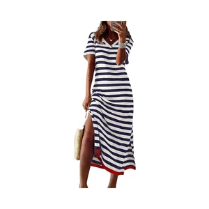 Women's Summer A-line Natural Waist Maxi Dress Casual T-Shirt Style Short Sleeve Striped Color Block Breathable Front ODM