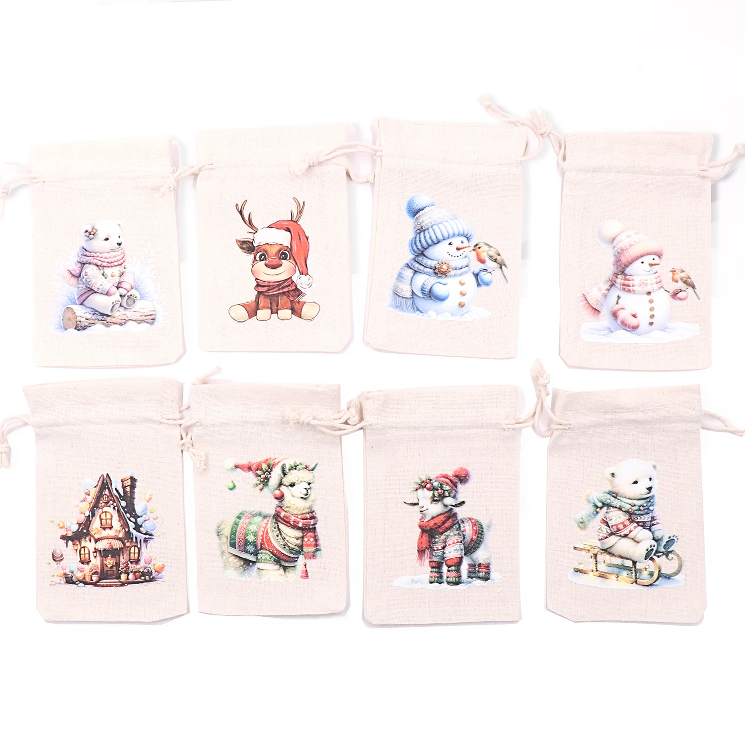 set of 2 - 13x18cm Cotton Drawstring Bag Lockstitch edge christmas Eco Friendly Gift And Favor Bag Sublimation snowman deer