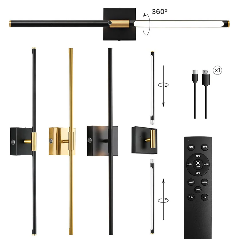 Hot Sell Dimmable Wall Sconces  With Remote Control 350 Rotate 3000K LED Wireless 5000mAh Battery Operated Line Wall Lamp