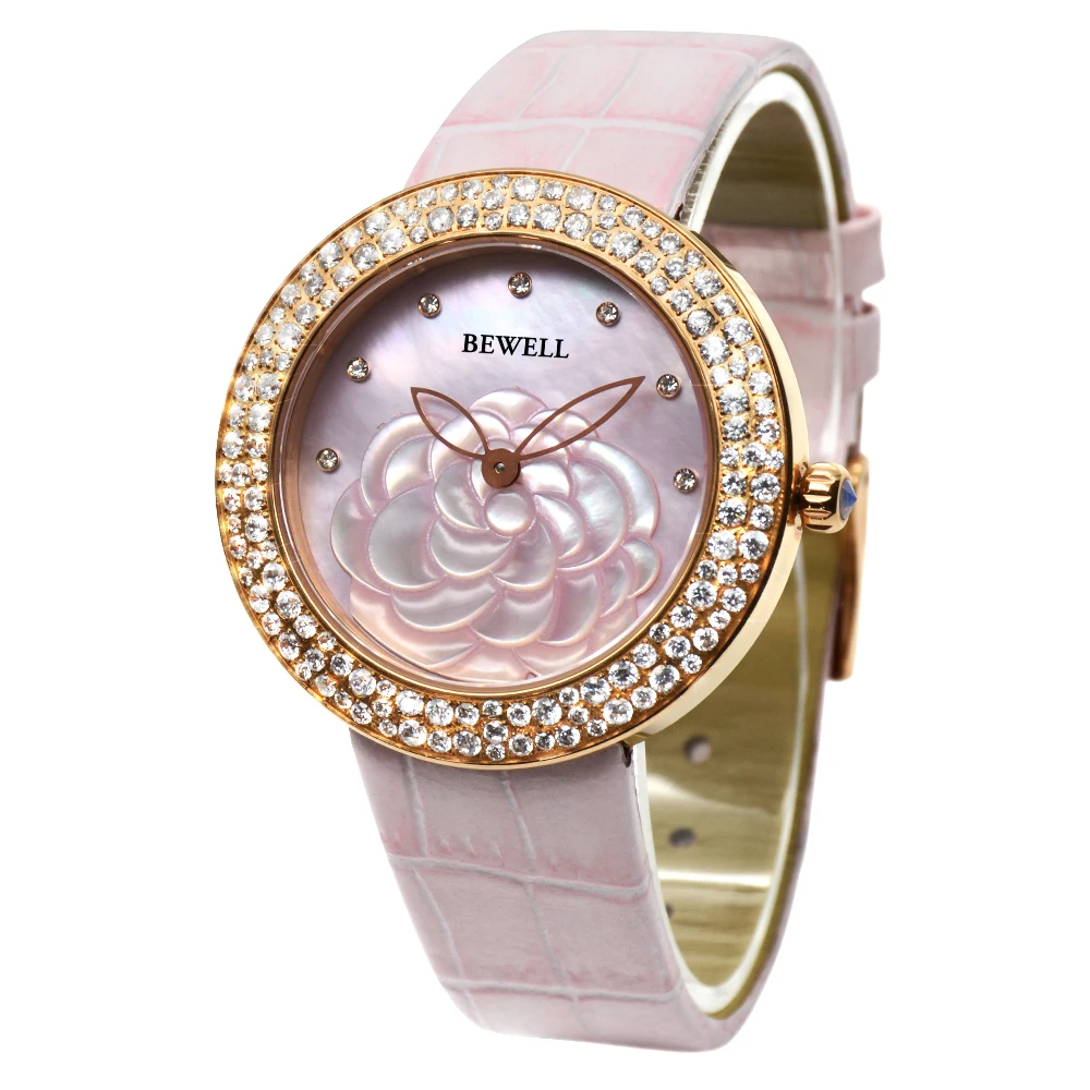 High Quality Luxury Women's Stainless Steel Watch with Diamond Case and  Leather Band Quartz Fashion Ladies' Watch