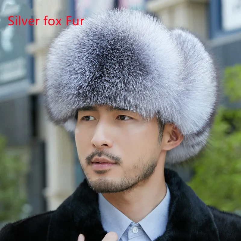 Trapper Hats Genuine Silver Fox Fur Hat With Ear Flaps Real