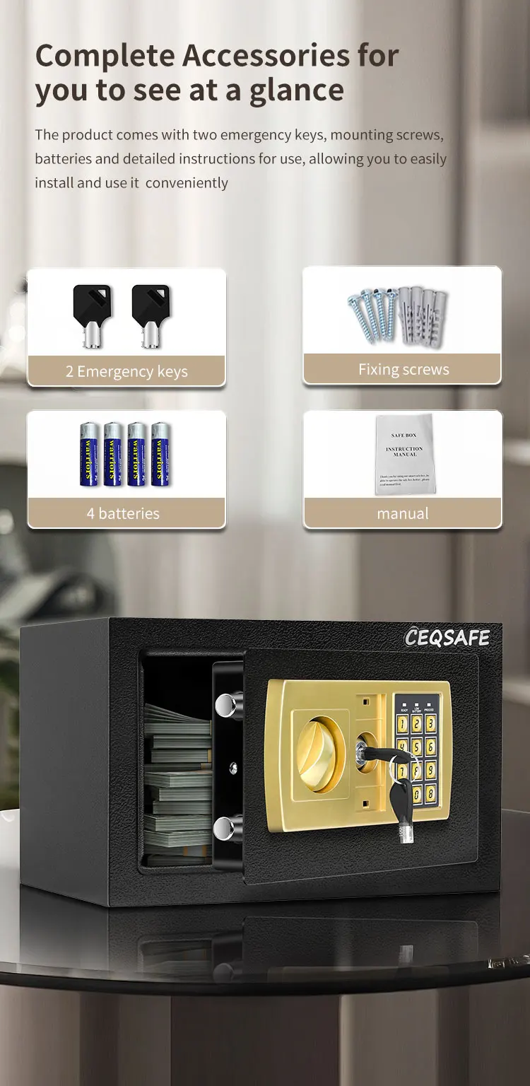 CEQSAFE High Quality Box Hotel Deposit New Lock Open Battery Dead Portable Security Steel Mini Safe Box factory