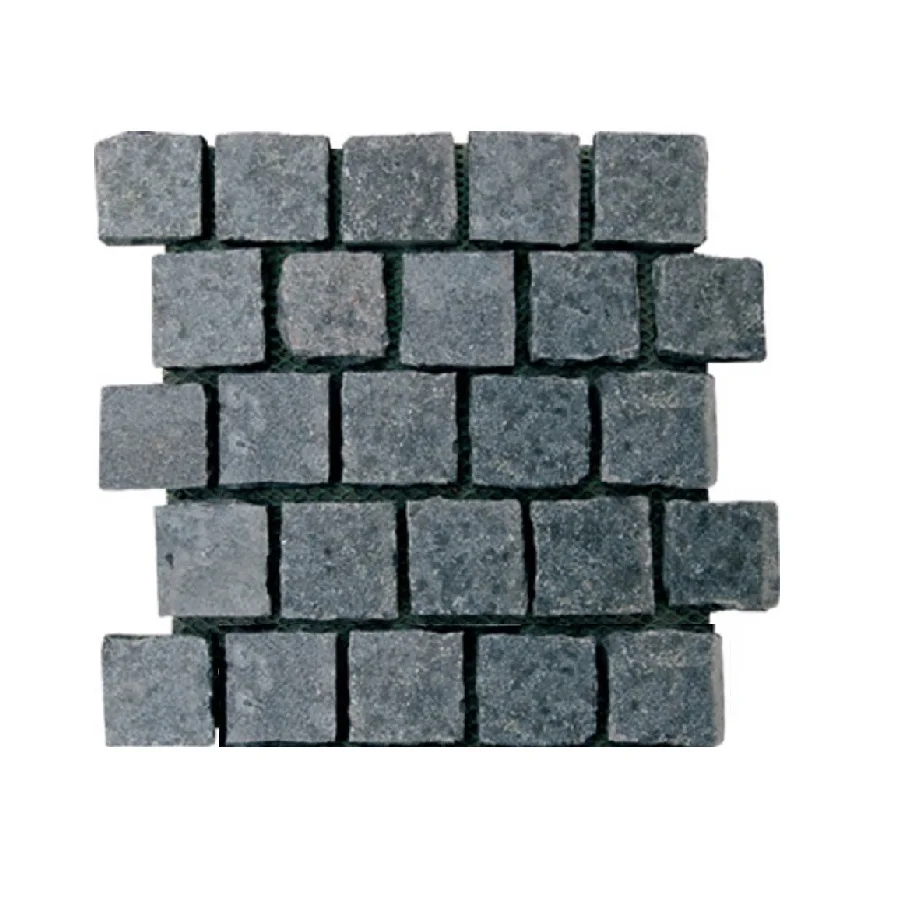China Black Basalt Garden Flamed Interlock Basalt Cube Cobblestone Stone Paving on Mesh
