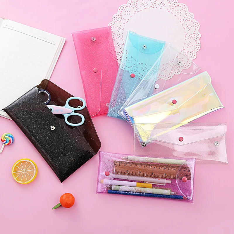 Wholesale Glitter Clear Pen Bag Holographic PVC Pencil Pouch Envelope Coin Purse with Snap Button Storage Bags