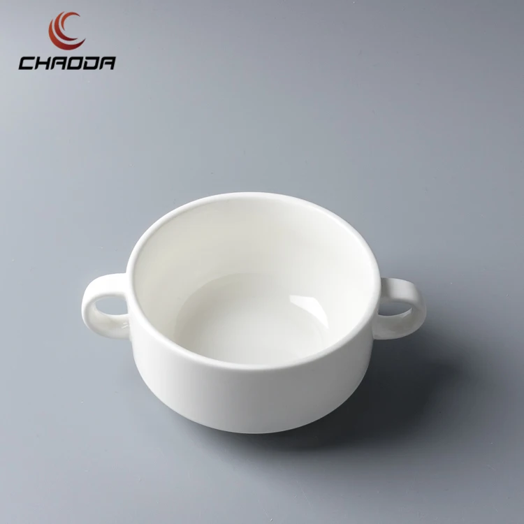 250ml Round Bowl Small Soup Porcelain Cup 8OZ Restaurant Ceramic Soup Cup Ceramic Bowl With Two Handle Soup Bowl
