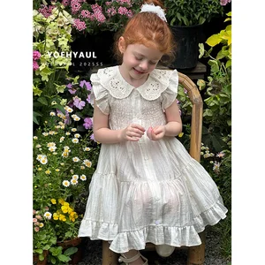 YOEHYAUL 25127 Customized Factory Summer Peter pan Collar Fly Sleeve Girls Dresses Cotton Elastic Ruffled Lace Dresses for Kids