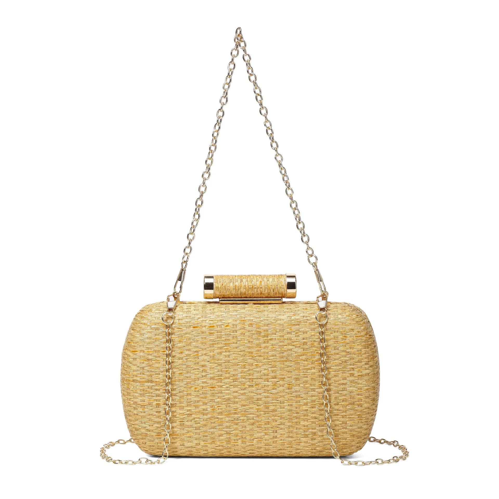 Pochette En Paille Avec Chaîne - Sac Main été Plage Mariage - 20x12.5x4cm