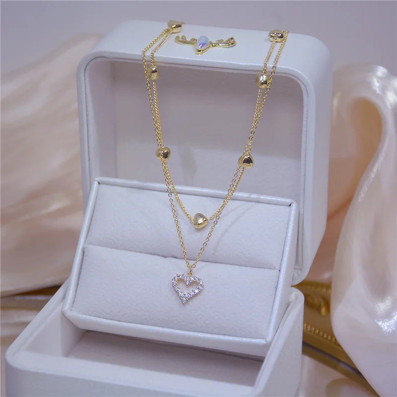 Cuore Collar Bling 14k Real Gold Double Layer Heart Necklace Cubic ...