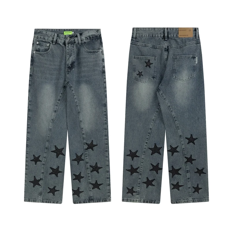 Mens Casual Trendy Embroidered Faded Denim Jeans With Patch