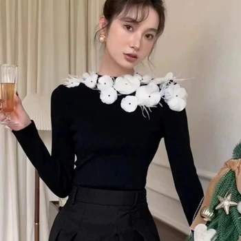 Slim Autumn Knitting Long Sleeves Pullovers Turtleneck Flower Blouse Women Tops