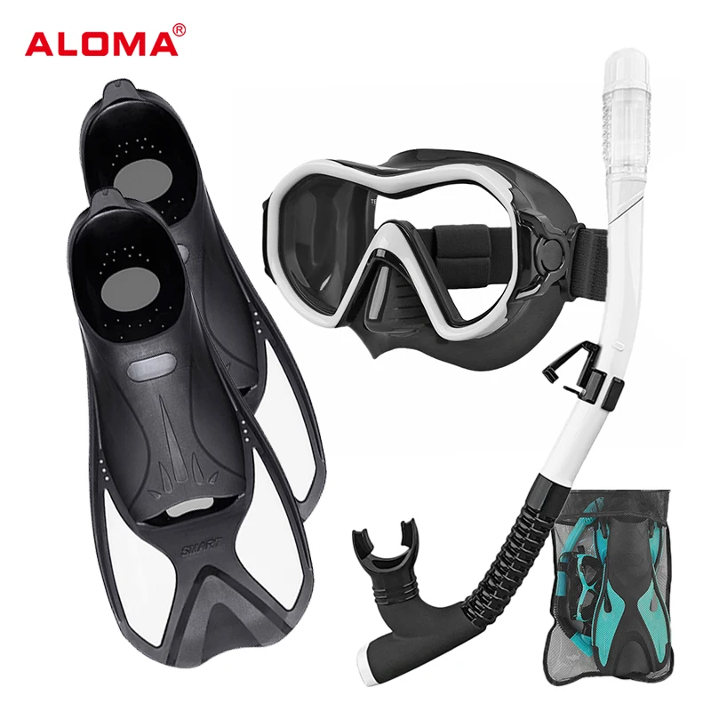 Aloma new anti fog elastic strap silicone diving equipment snorkel set scuba kits diving gear mask with snorkel with fins