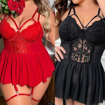 Fat Woman Lingerie Plus Size Floral Lace Suspenders Solid Triangle Cup Nightdress Women's Sleepwear XL-4XL