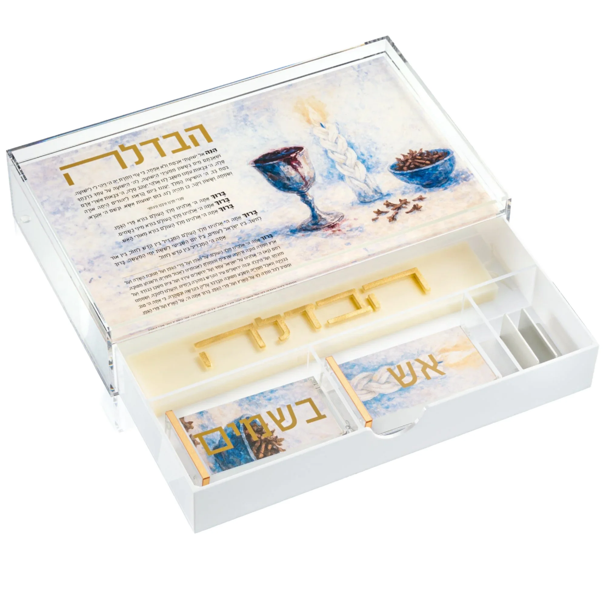 Eco-Friendly Customized Painted Havdalah Tray Drawer Lucite Menorah Blessing Card Match Box Gold Mirror Judaica Set