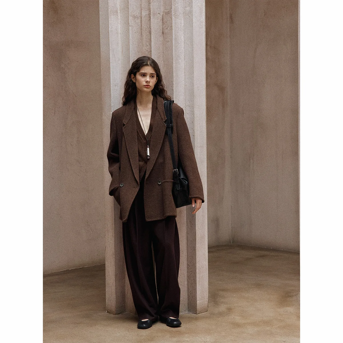 Wool Coat for Autumn Faced Wool Viscose Long Coat with Structured Tailored Fit Simple Commute Style Wide Shoulder Button Blazer