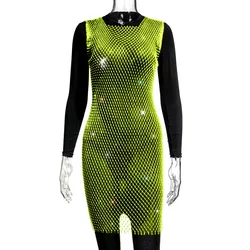 Sexy Shiny Rhinestones Grid Fishnet Dress Sleeveless Hollow Out Side Slit  O-neck Dress Beach Breathable Lady Dress